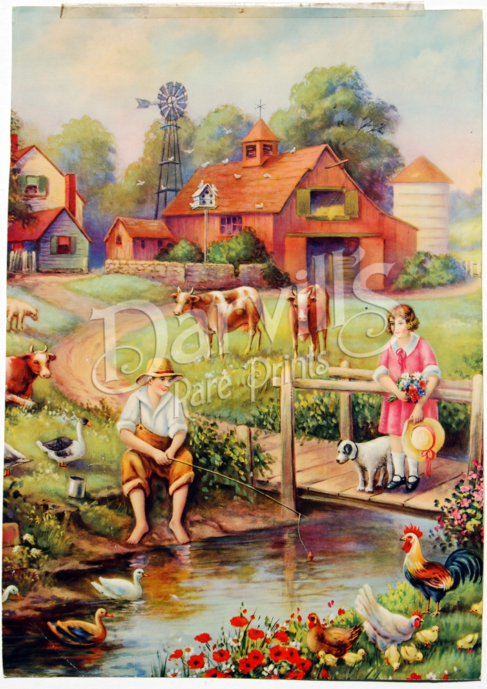 Vintage calendar prints of boys, dogs, etc.